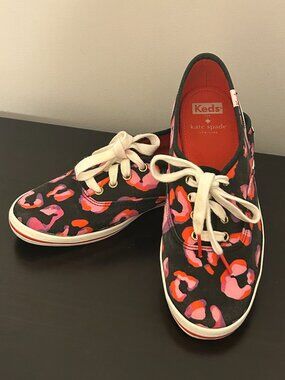 Womens KEDS x KATE SPADE Sz 8 Pink & Black Leopard Print Canvas Sneakers